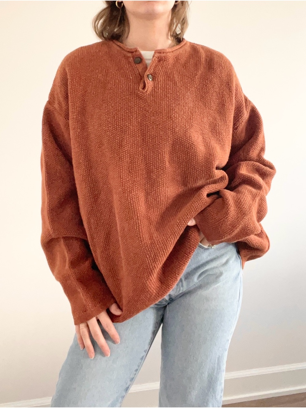 Vintage Structure Rust Crew Henley Sweater